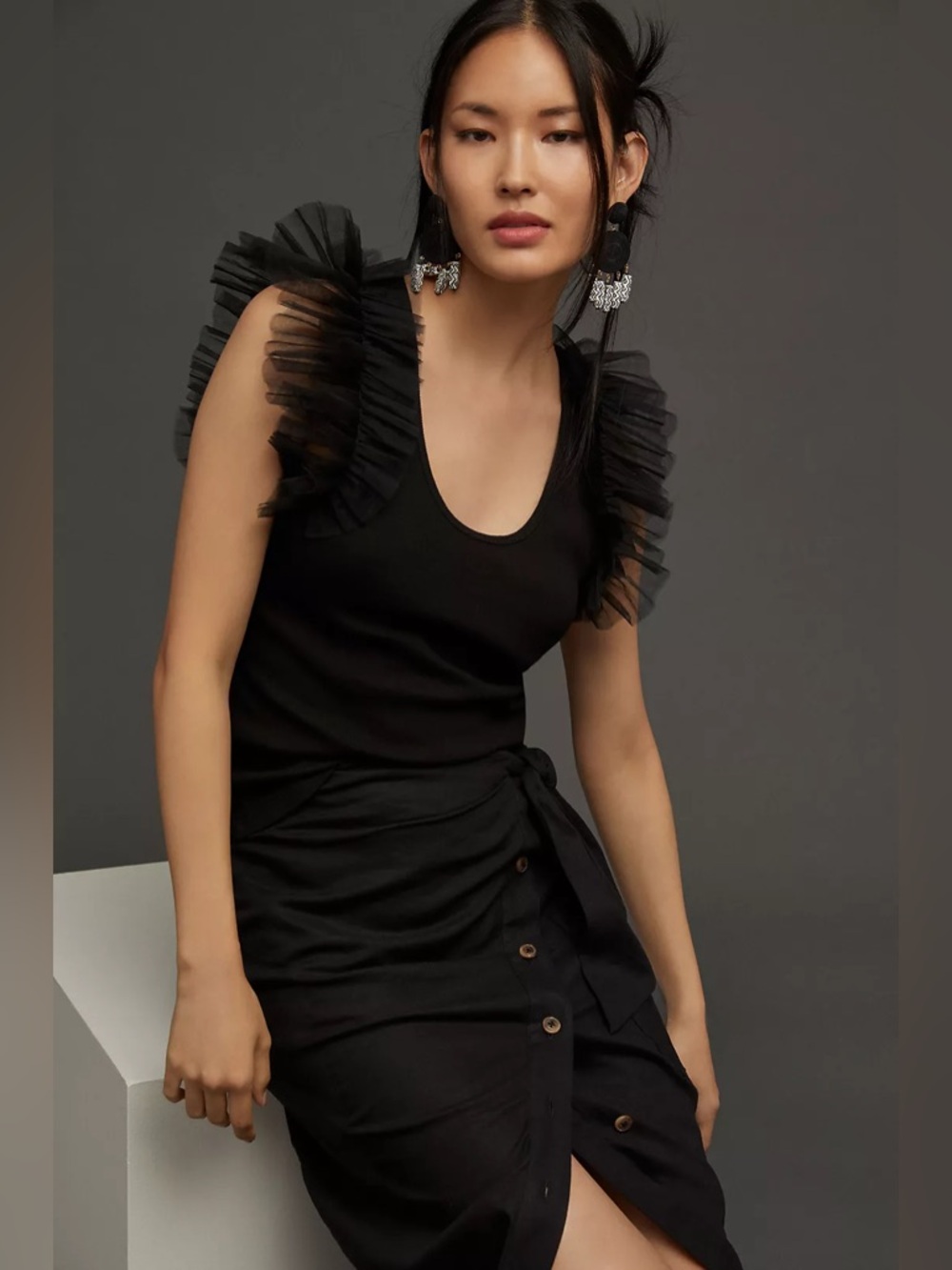 Anthropologie Dolan Tulle Sleeve Tank Top Black Ruffle Knit Cotton Stretch